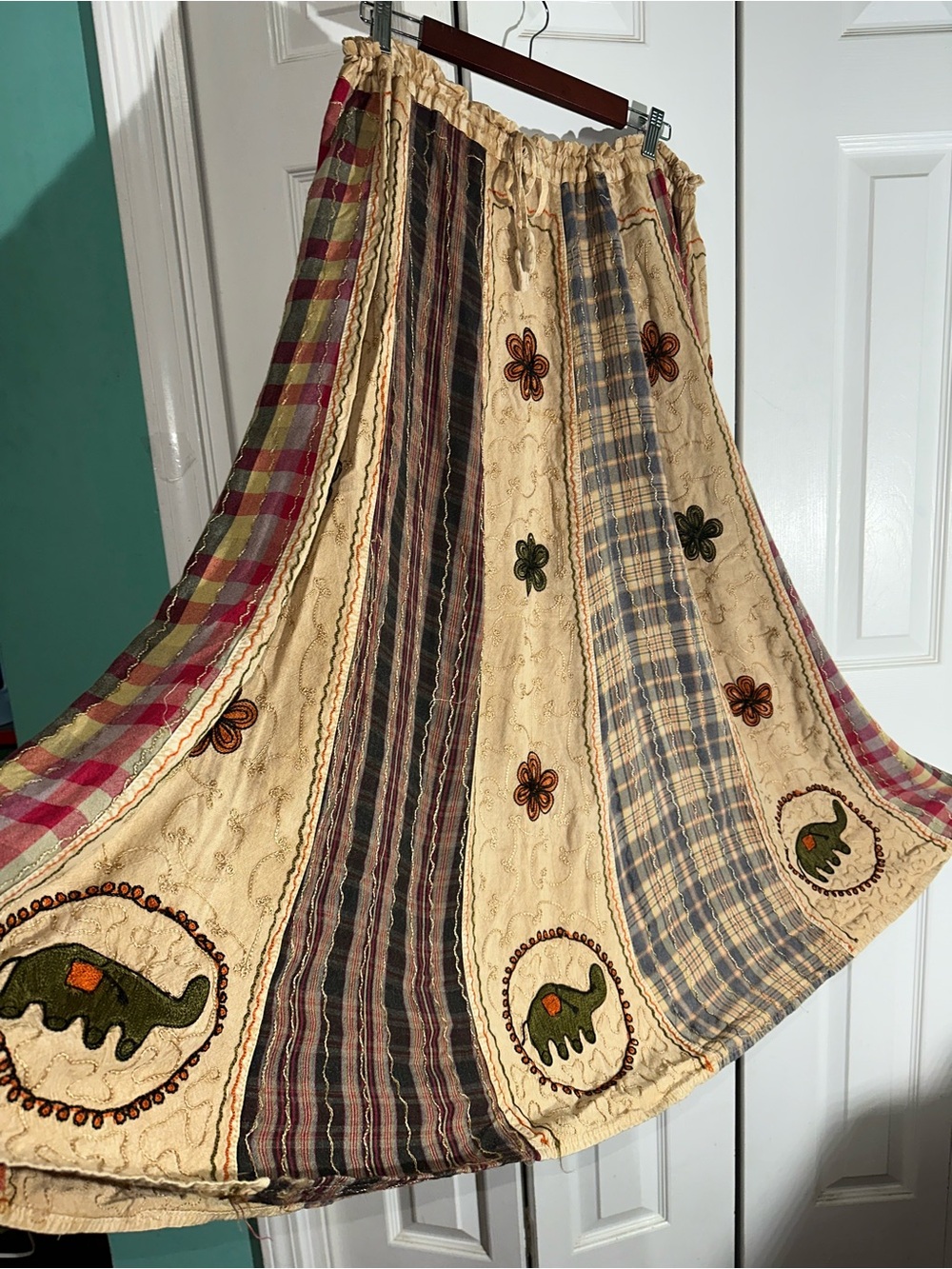 Vintage Rayon Boho Patchwork Maxi Skirt Elephant Earthy Embroidered O/S   AA25